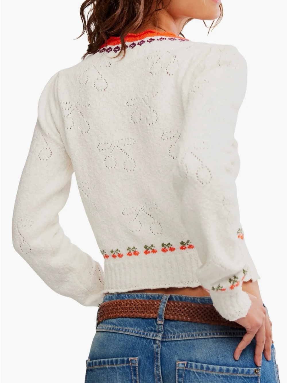 Free People Tilly Cherry Pointelle Knit Crop Sweater Size XS NWT - Picture 2 of 9